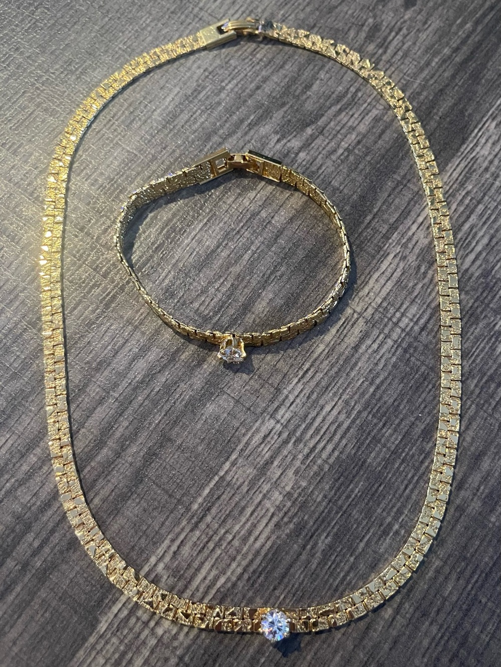 Vintage Gold Chain Necklace and Bracelet Set with Clear Stone Accent